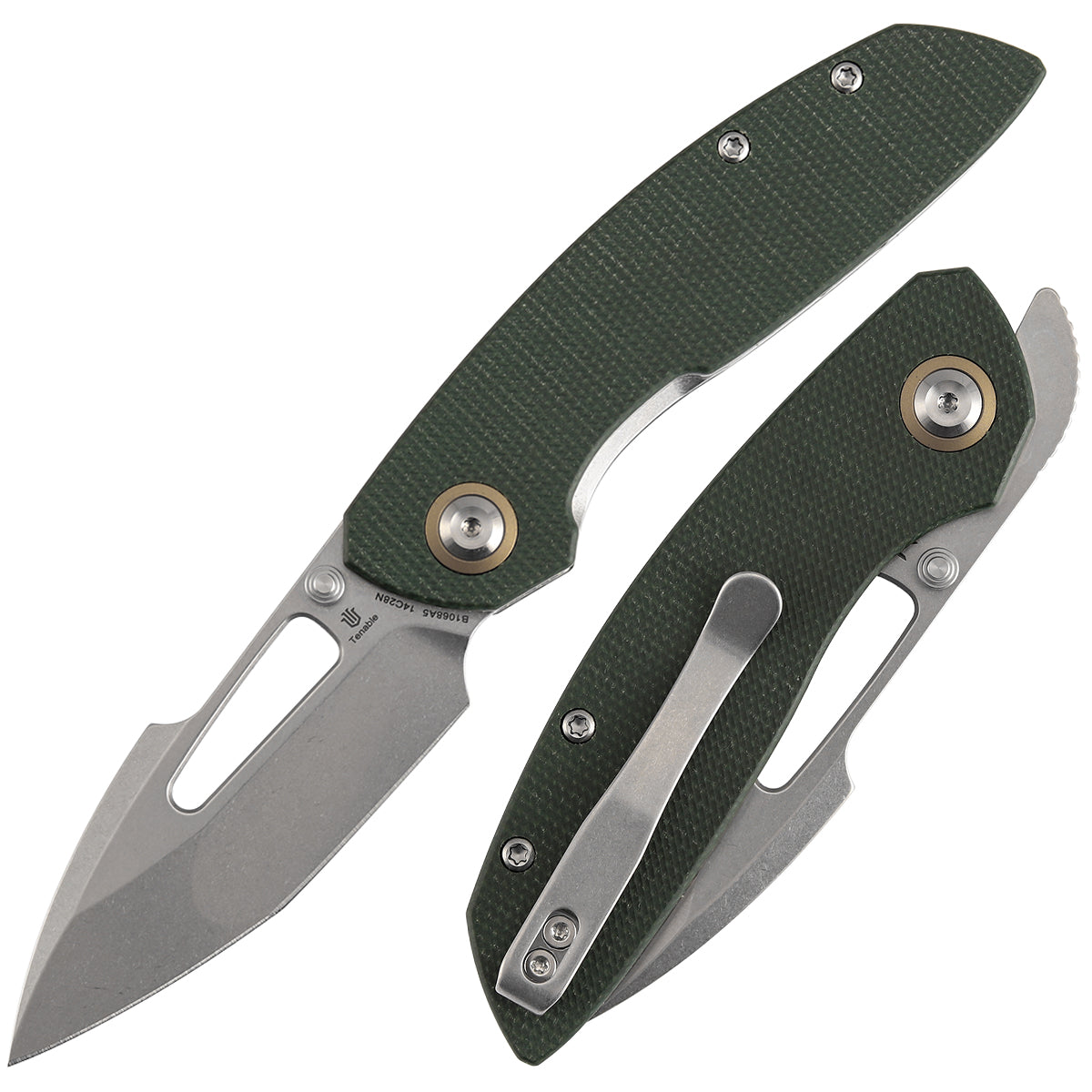 Tenable Link Folding Knife | 3.0" Stonewashed 14C28N Blade | Green Micarta Handle| Triple Stripe Knives Design | B1068A5