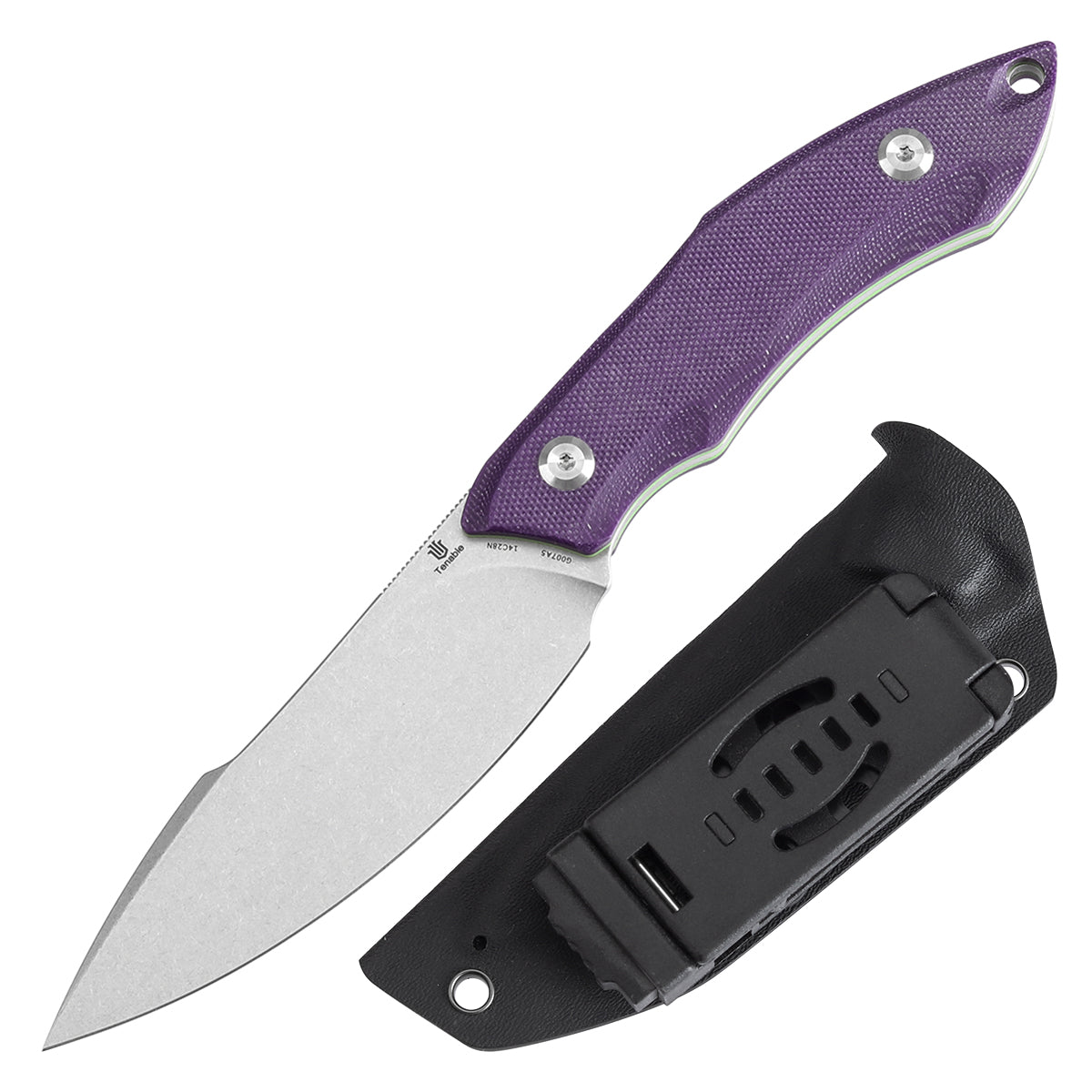 Tenable Luccio Fixed Blade Knife with Purple G10 Handle (3.81" Stonewashed 14C28N Blade) - Bolt Vision Design - G007A5