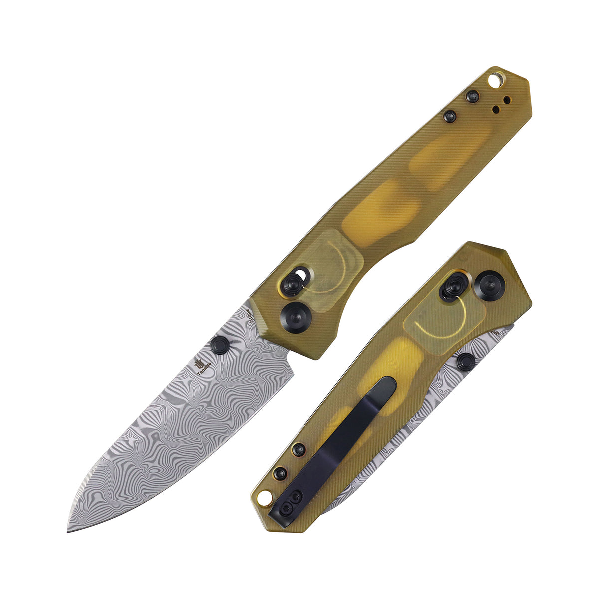Tenable Beaver CrossBar Folding Knife | 3.44'' Water Ripple Damascus Blade | Amber PEI/Ultem Handle | Kim Ning Design-T1105V6