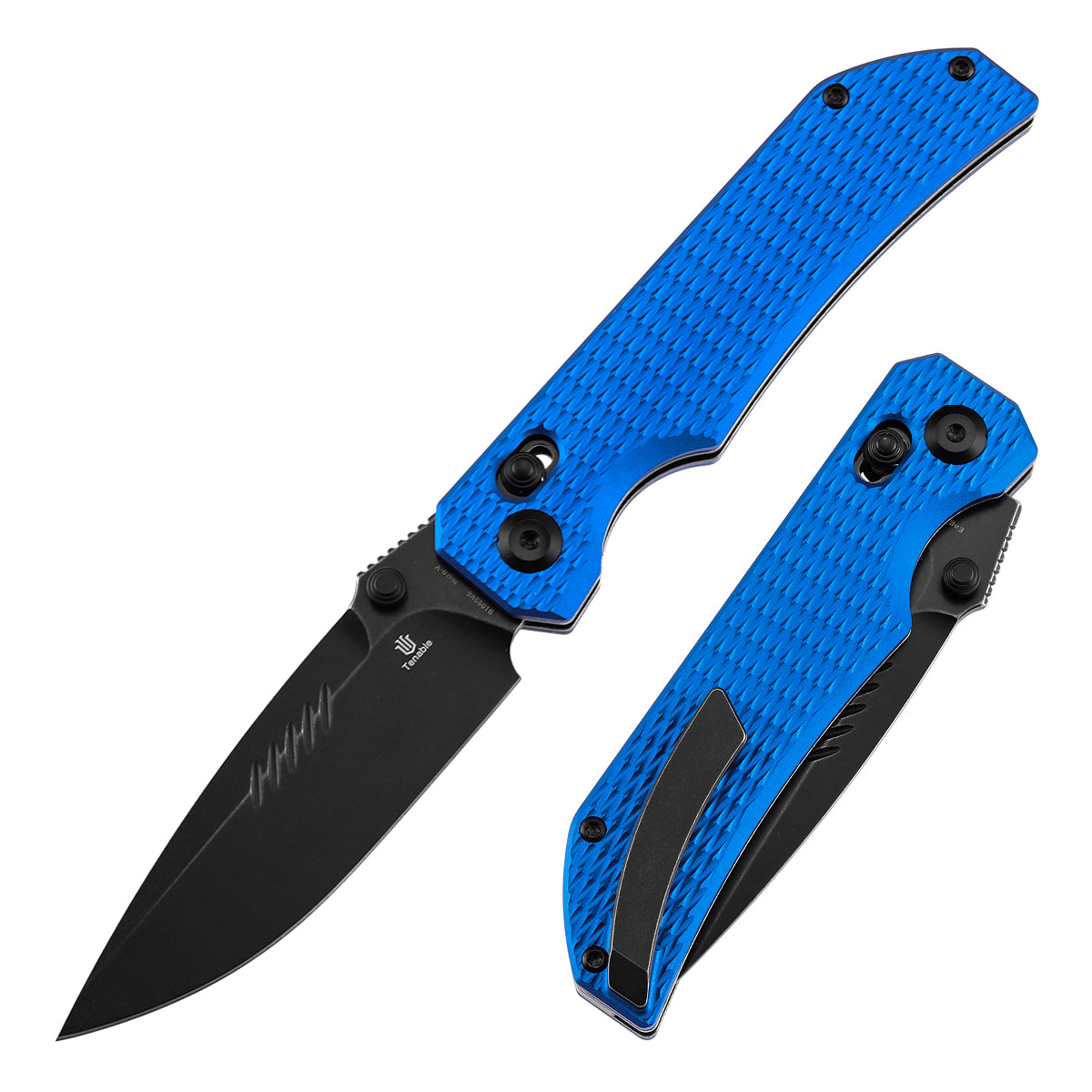 Tenable Eaglestrike | Cross Bar Lock | 3.73'' Black Stonewashed Nitro V Blade | Blue Anodized Aluminum with Diamond Pattern Handle | James Lowe Design-B1095V6