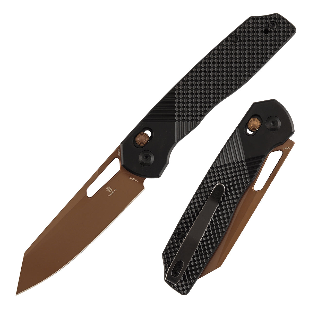 Tenable Shard | Cross Bar Lock Folding Knife | 3.47'' Rose Gold 14C28N Blade | Black Aluminum Handle | Kim Ning Design | T1006V10