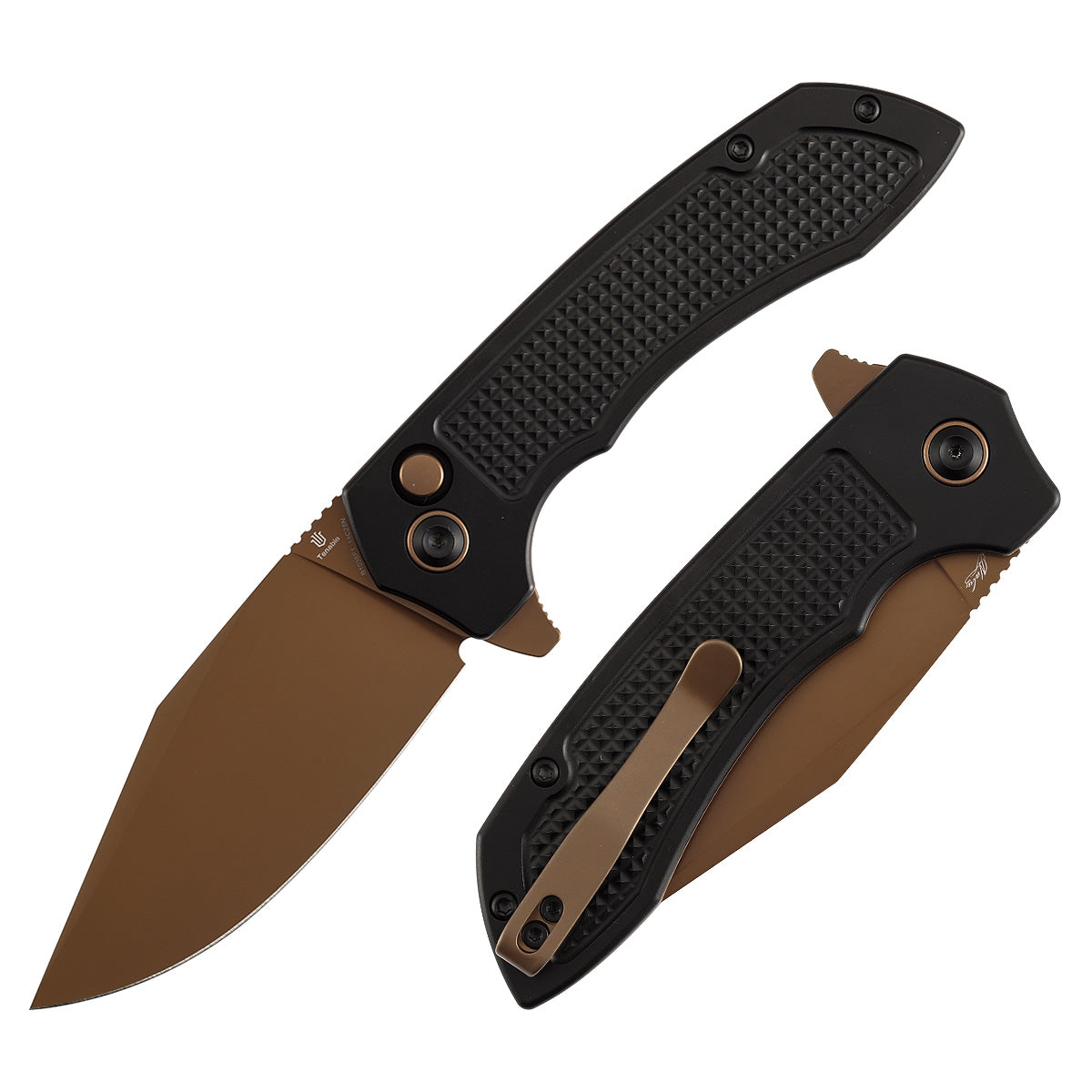 Tenable Entity - Button Lock - 3.52'' Rose Gold 14C28N -Black Aluminum with Checkered Texture - Nalu Knives Design - B1036F1