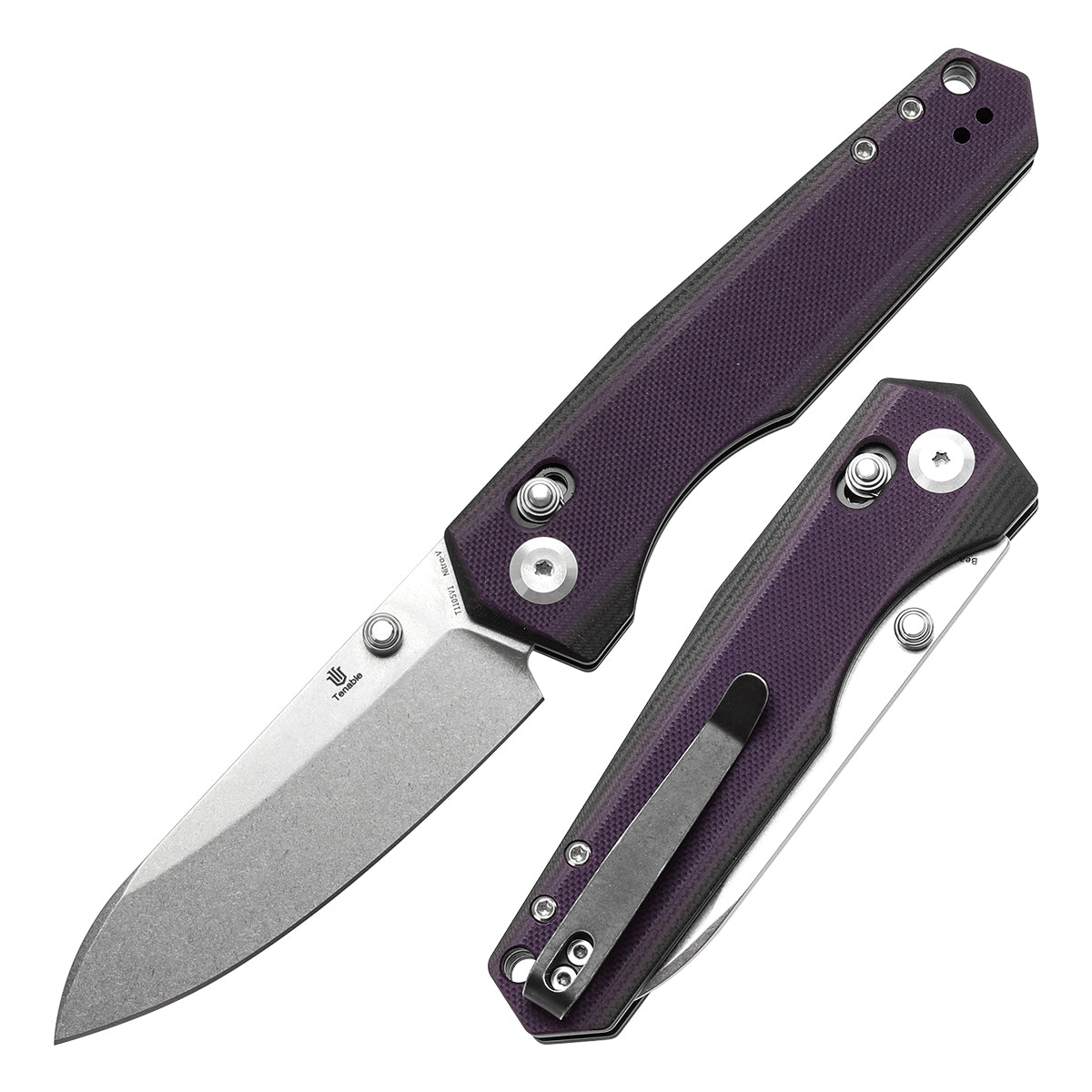 Tenable Beaver Cross Bar Lock Folding Knife Purple and Black G10 Handle (3.44'' Stonewashed Nitro-V Blade) Kim Ning Design-T1105V1