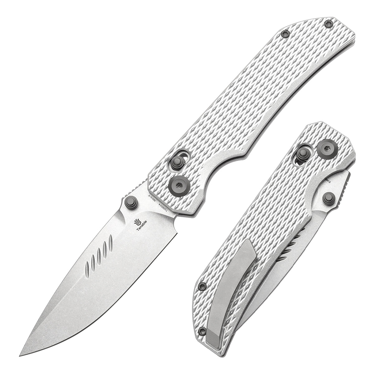 Tenable Eaglestrike Cross Bar Lock Folding Knife Silver Anodized Aluminum with Diamond Pattern Handle (3.73'' Stonewashed Nitro-V Blade) James Lowe Design-T1095V4