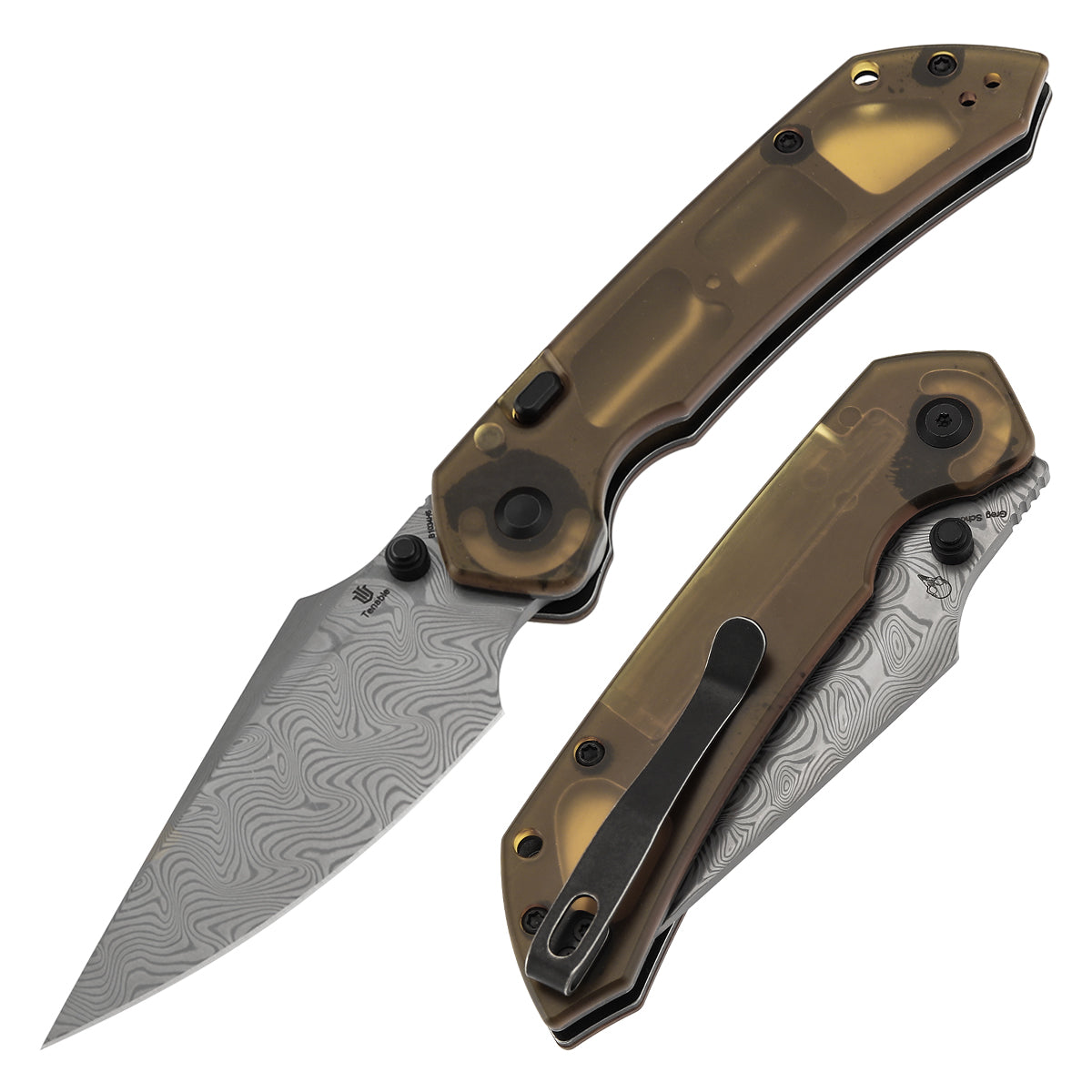 Available on TikTok -Tenable Fenrir Top Liner Lock Folding Knife| Amber PEI Handle | 3.4“ Damacus Blade | Sparrow Knife Design | B1034H6