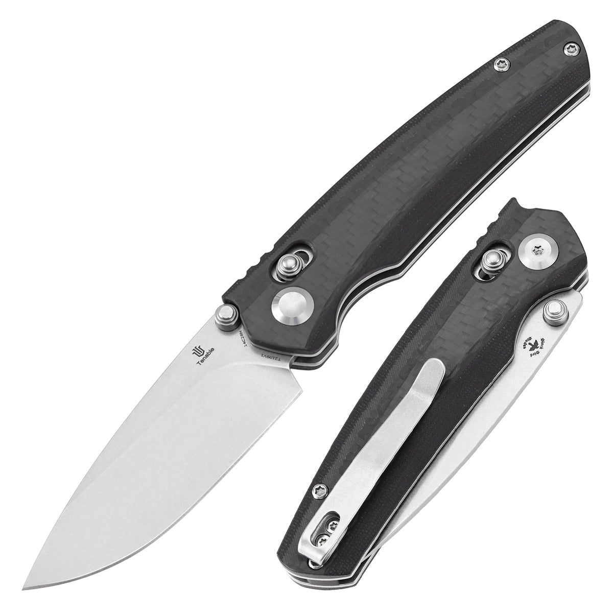 Tenable Raven Cross Bar Lock Folding Knife | 3.14" Stonewashed 14C28N Blade | Twill Carbon Fiber Handle | Black Bird Blades Design -T2109V1