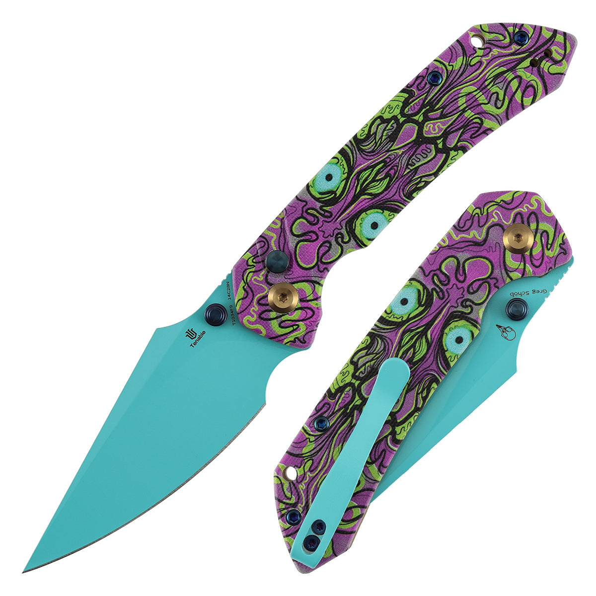 Fenrir Button Lock Knife | Jade G10 with Purple Undead Print Handle | 3.45" Blue Coated 14C28N Blade| Sparrow Knife Design | T1034F9
