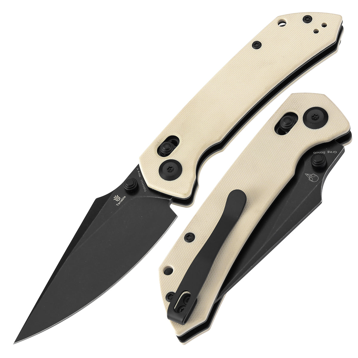 Tenable Fenrir Cross Bar Lock Folding Knife| Ivory White G10 | 3.48" Blackwashed Nitro-V Blade | Sparrow Knife Design | T1034V11
