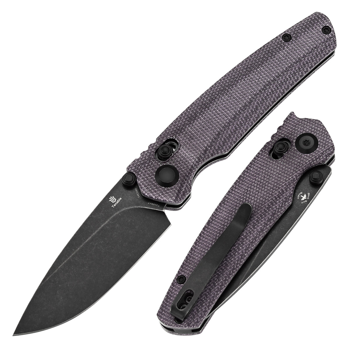 Tenable Raven Cross Bar Lock Folding Knife | 3.14" Blackwash 14C28N Blade | Purple Micarta Handle | Black Bird Blades Design -T2109V7