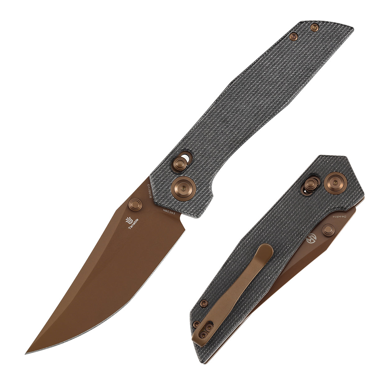 Tenable Deadite Cross Bar Lock Knife | 3.52" Rose Gold 14C28N Blade | Black Micarta Handle | TuffKnives Design - B1081V3
