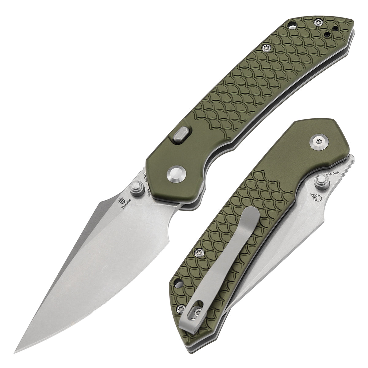 Tenable Fenrir Top Liner Lock Folding Knife| 3.4“ Stonewashed Nitro-V Blade | Green Anodized Aluminum with  Fishscale Texture Handle | Sparrow Knife Design | B1034H7