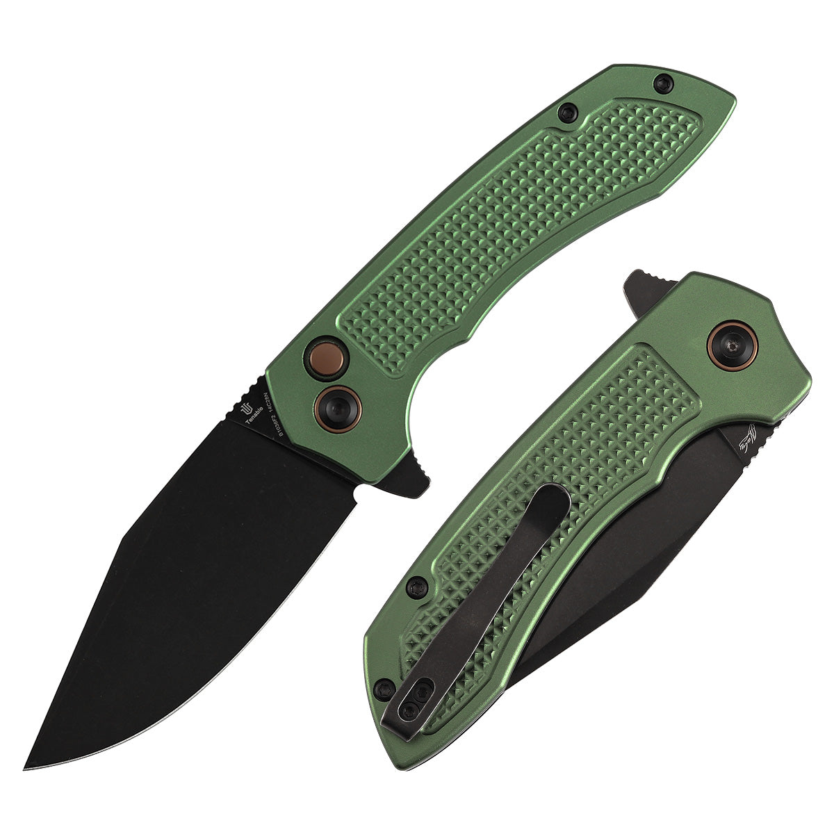 Christmas | Tenable Entity - Button Lock - 3.52'' Blackwash 14C28N - Dark Green Aluminum with Checkered Texture - Nalu Knives - B1036F2