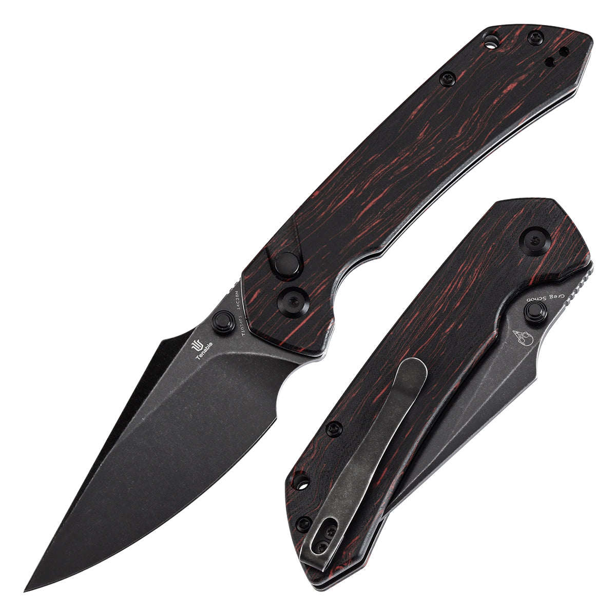 Tenable Button Lock Fenrir Folding Knife Black & Red G-mascus Handle (3.45" Blackwash 14C28N Blade) Sparrow Knife Design--T1034F1