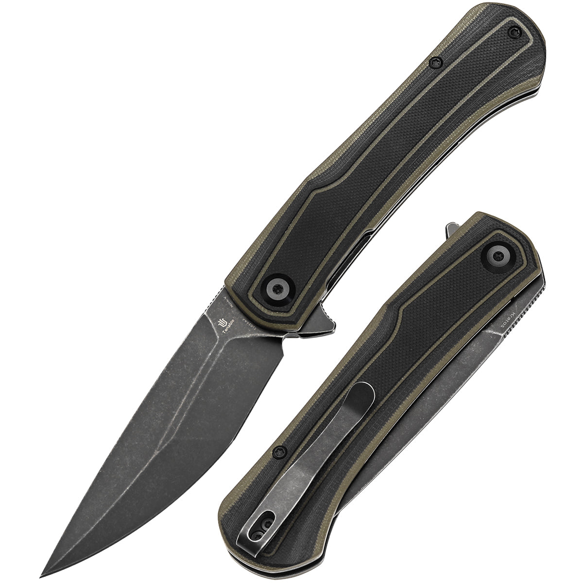 Tenable Kratos Folding Knife Black and Green G10 Handle(3.79" Blackwash Nitro-V Blade) Ostap Hel Design-T1024A4
