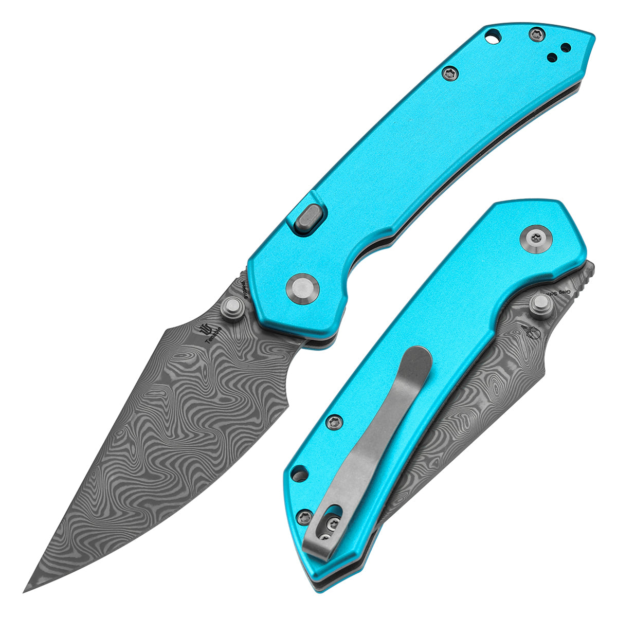 Tenable Fenrir Top Liner Lock Folding Knife|  3.4“ Damascus Blade | Blue Aluminum Handle | Sparrow Knife Design | B1034H8