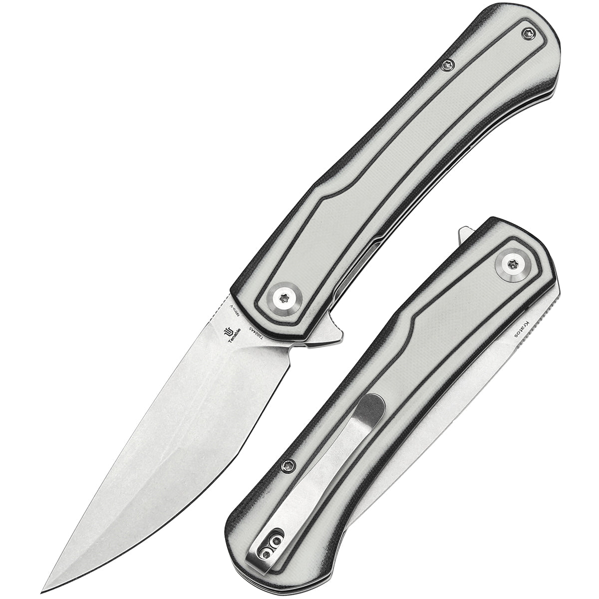 Tenable Kratos Folding Knife Black and White G10 Handle(3.79" Stonewashed Nitro-V Blade) Ostap Hel Design-T1024A5
