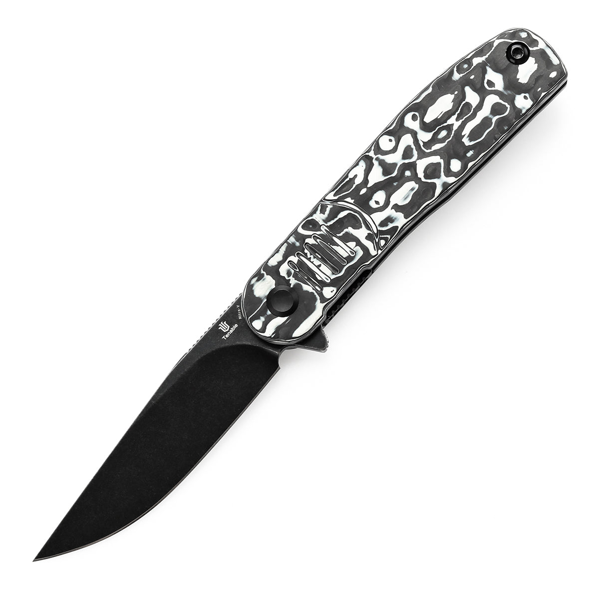 Tenable Einar Folding Knife Black & White Carbon Fiber Handle (3.13'' Blackwash Nitro-V Blade) Justin Lundquist Design-T2072A4