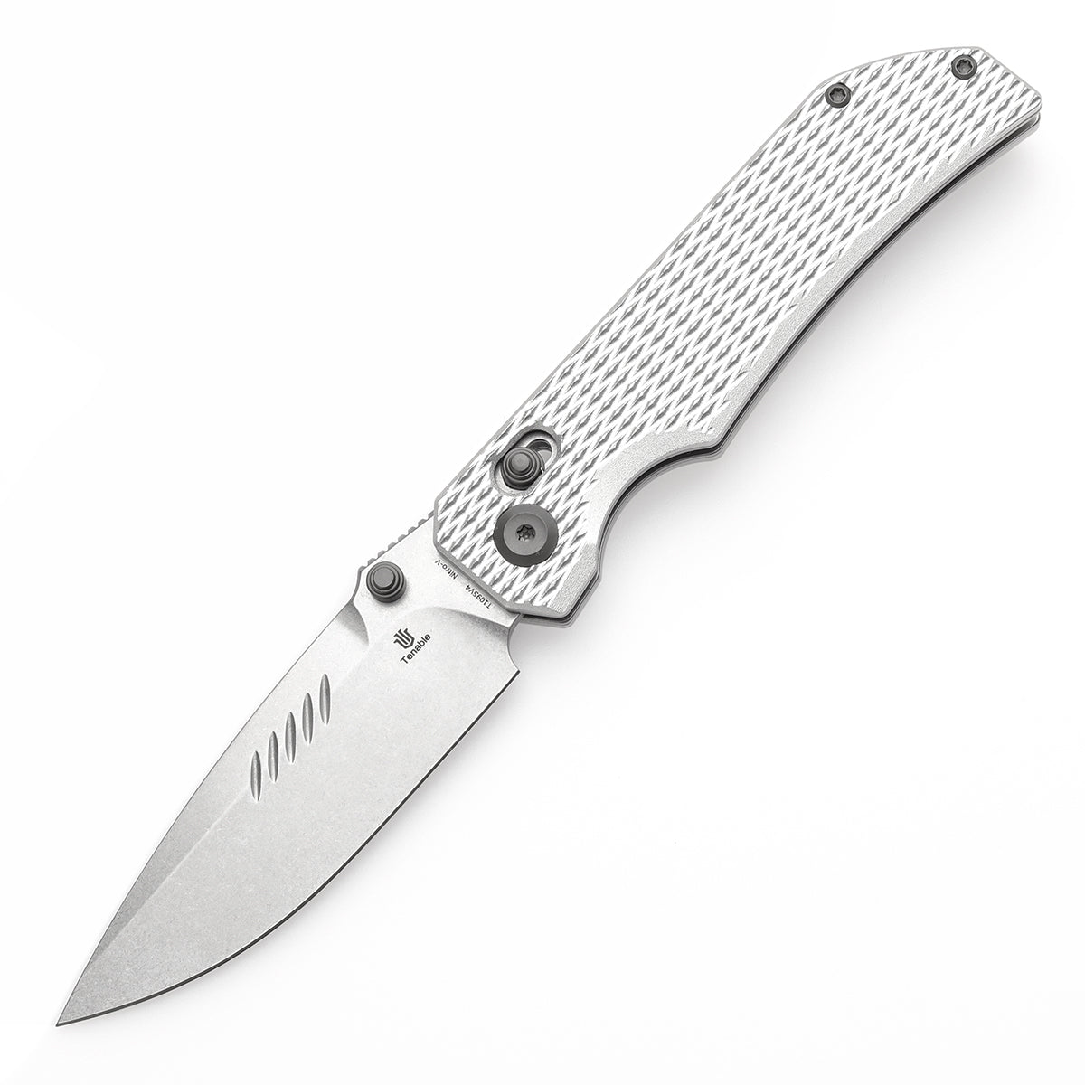 Tenable Eaglestrike Cross Bar Lock Folding Knife Silver Anodized Aluminum with Diamond Pattern Handle (3.73'' Stonewashed Nitro-V Blade) James Lowe Design-T1095V4