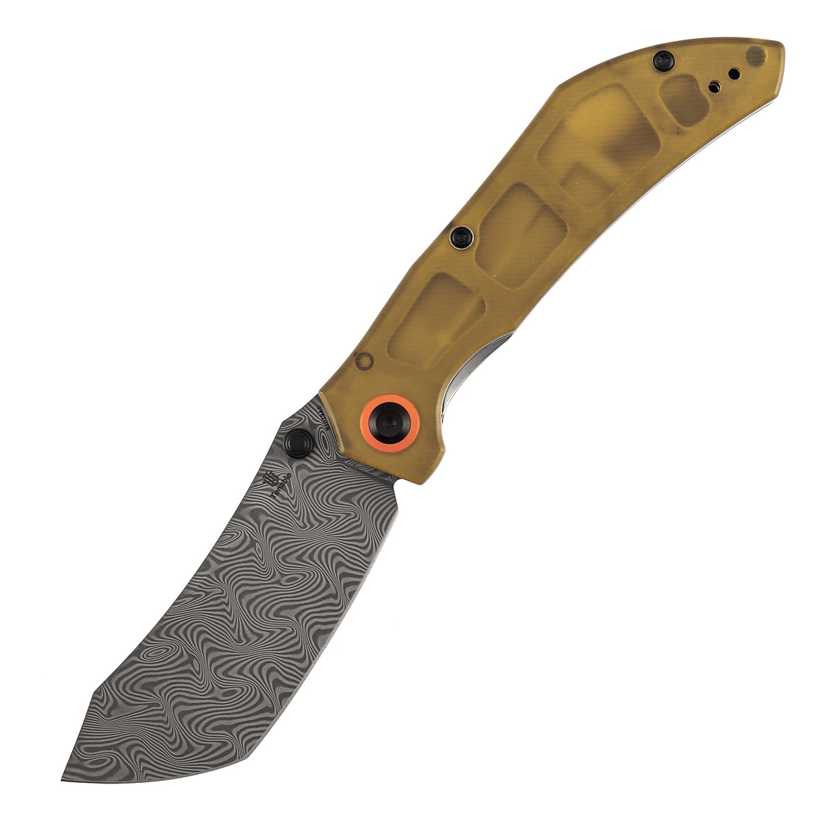Tenable Tipper Folding Knife | 3.39'' Damascus Blade | Amber PEI/Ultem Handle | Edgy Bladeworks Design | B1079A5