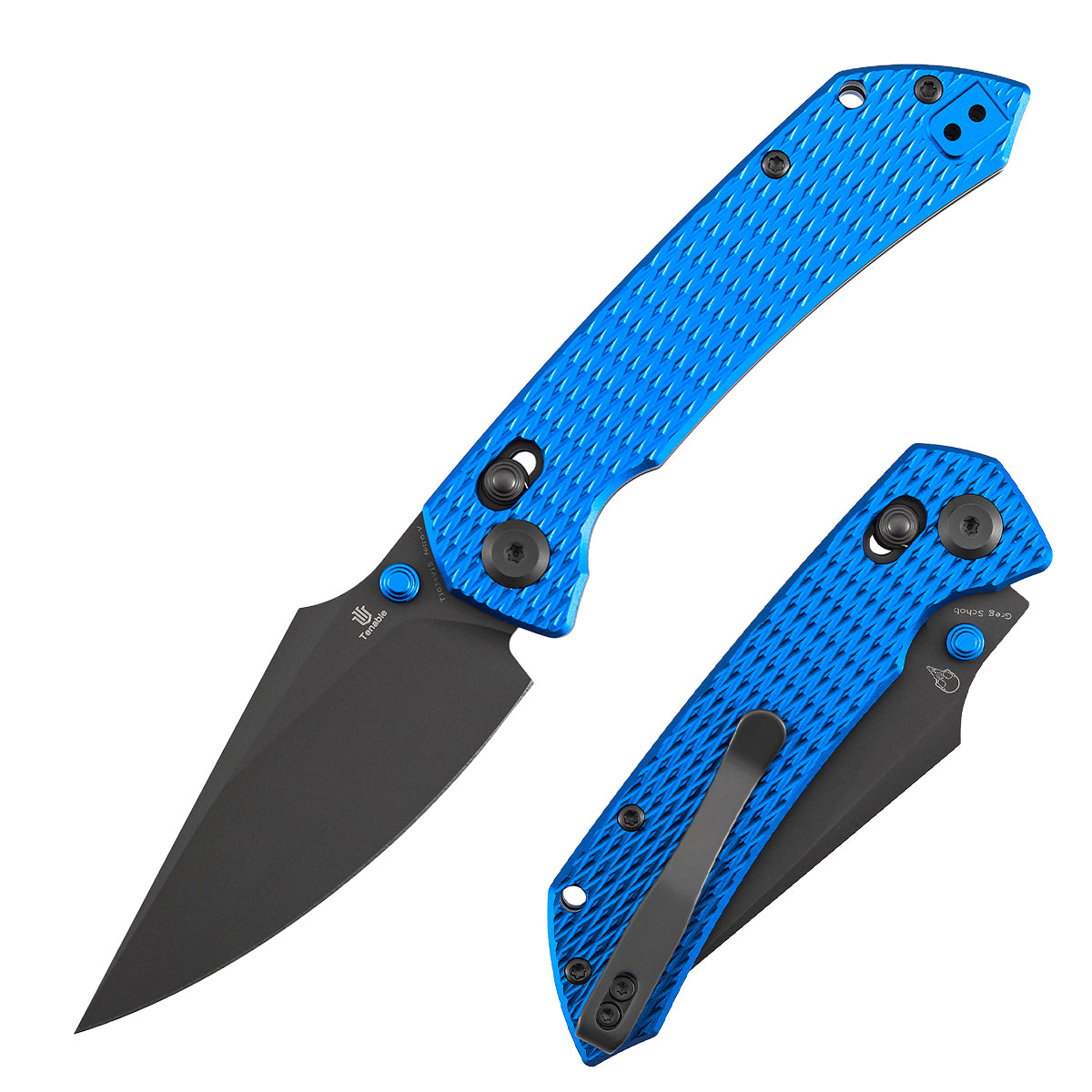 Tenable Fenrir Cross Bar Lock Folding Knife| 3.48'' Gray TiCn Coated Nitro V Blade | Blue Anodized Aluminum with Diamond Pattern Handle | Sparrow Knife Design| T1034V15
