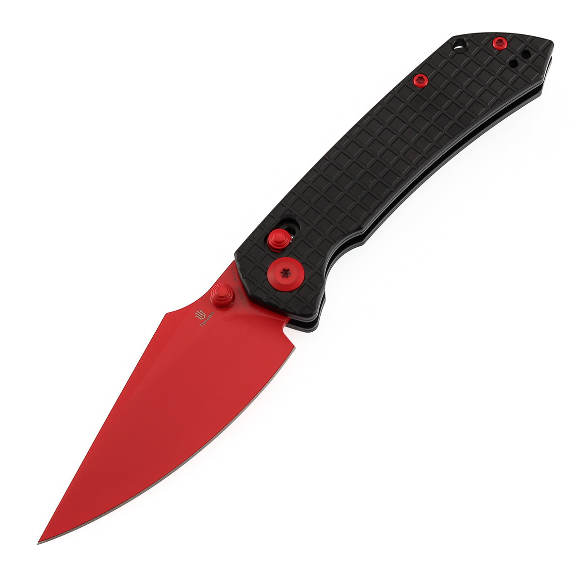 Tenable Fenrir Cross Bar Lock Folding Knife| Blcak Aluminum with Frag Pattern | Red Coated Nitro-V Blade | T1034V10