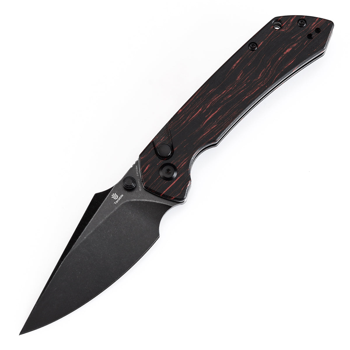 Tenable Button Lock Fenrir Folding Knife Black & Red G-mascus Handle (3.45" Blackwash 14C28N Blade) Sparrow Knife Design--T1034F1