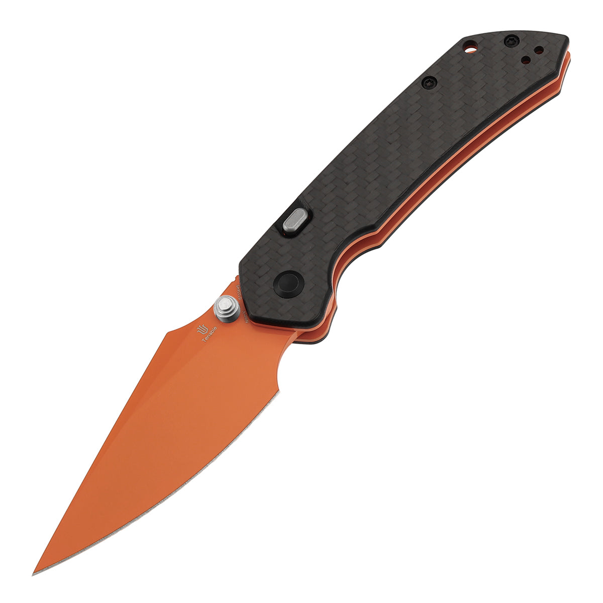 Tenable Fenrir Top Liner Lock Folding Knife| Twill Carbon Fiber Handle | 3.48“ Orange Coated Nitro V Blade | Sparrow Knife Design | B1034H5 (Stainless Steel Thumb Stud)