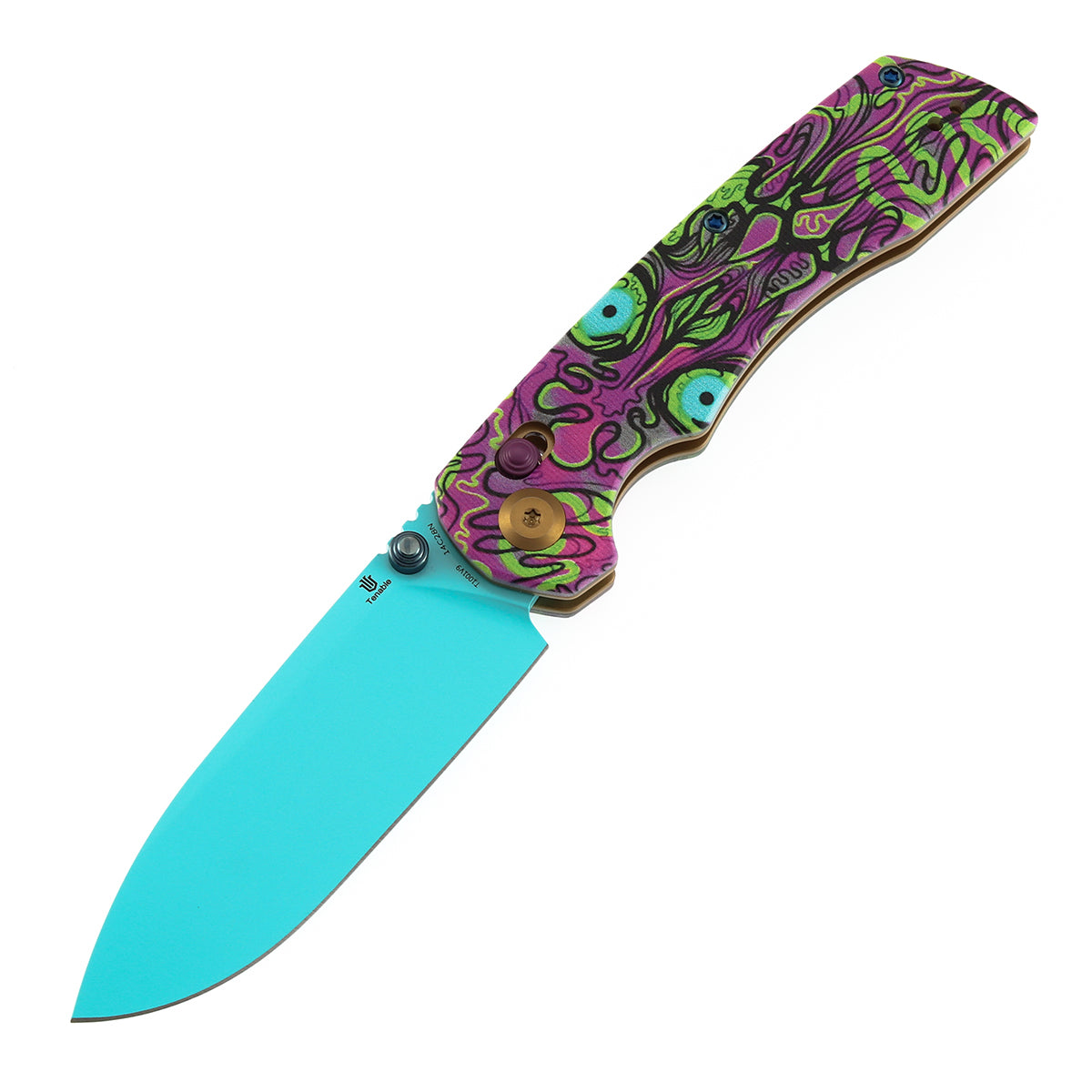 Tenable Kryo Cross Bar Lock |Jade G10 with Purple Undead Print Handle | 3.58‘’ Blue Coated 14C28N Blade| Kim Ning Design - T1001V9