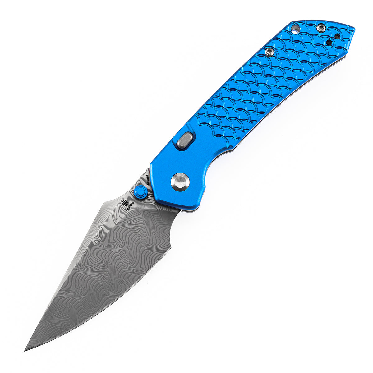 Tenable Fenrir Top Liner Lock Folding Knife| Dark Blue Anodized Aluminum with  Fishscale Texture Handle | 3.48“ Damascus Blade | Sparrow Knife Design | B1034H9