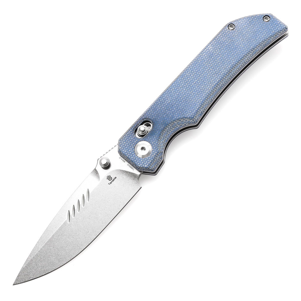 Tenable Eaglestrike Cross Bar Lock Folding Knife Blue Micarta Handle (3.73'' Stonewashed Nitro-V Blade) James Lowe Design-T1095V2