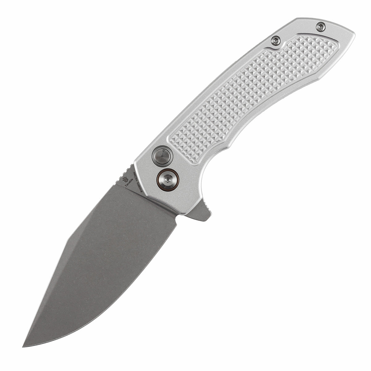 Tenable Entity - Button Lock - 3.52'' Stonewashed 14C28N - Silver Aluminum with Checkered Texture - Nalu Knives - B1036F3