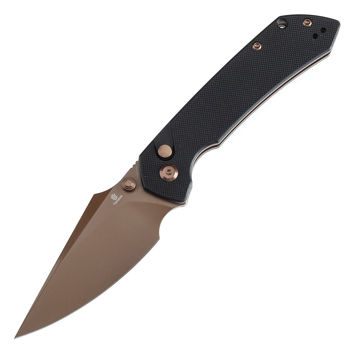 BladeHQ Exclusive Tenable Fenrir Button Lock Knife Black G-10 (3.4" Rose Gold 14C28N) T1034F2