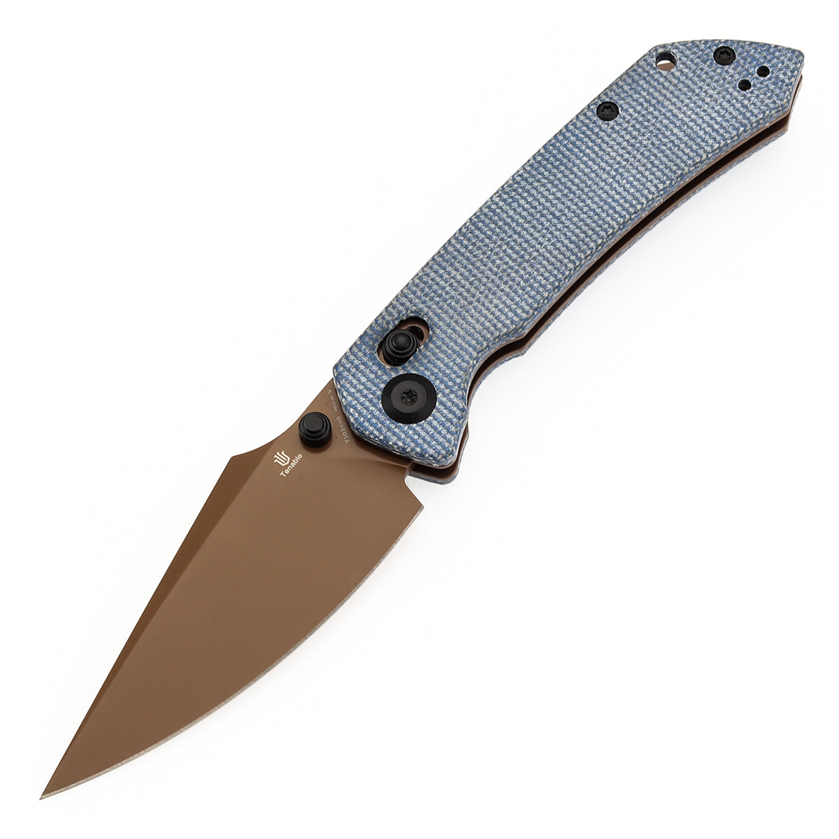 Tenable Fenrir Cross Bar Lock Folding Knife| Blue Micarta | 3.48" Rose Gold Coated Nitro-V Blade | Sparrow Knife Design | T1034V6