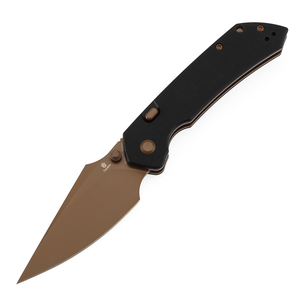 Available on TikTok - Tenable Fenrir Top Liner Lock Folding Knife| Black G10 Handle | 3.48“ Rose Gold Coated Nitro-V Blade | Sparrow Knife Design | B1034H3