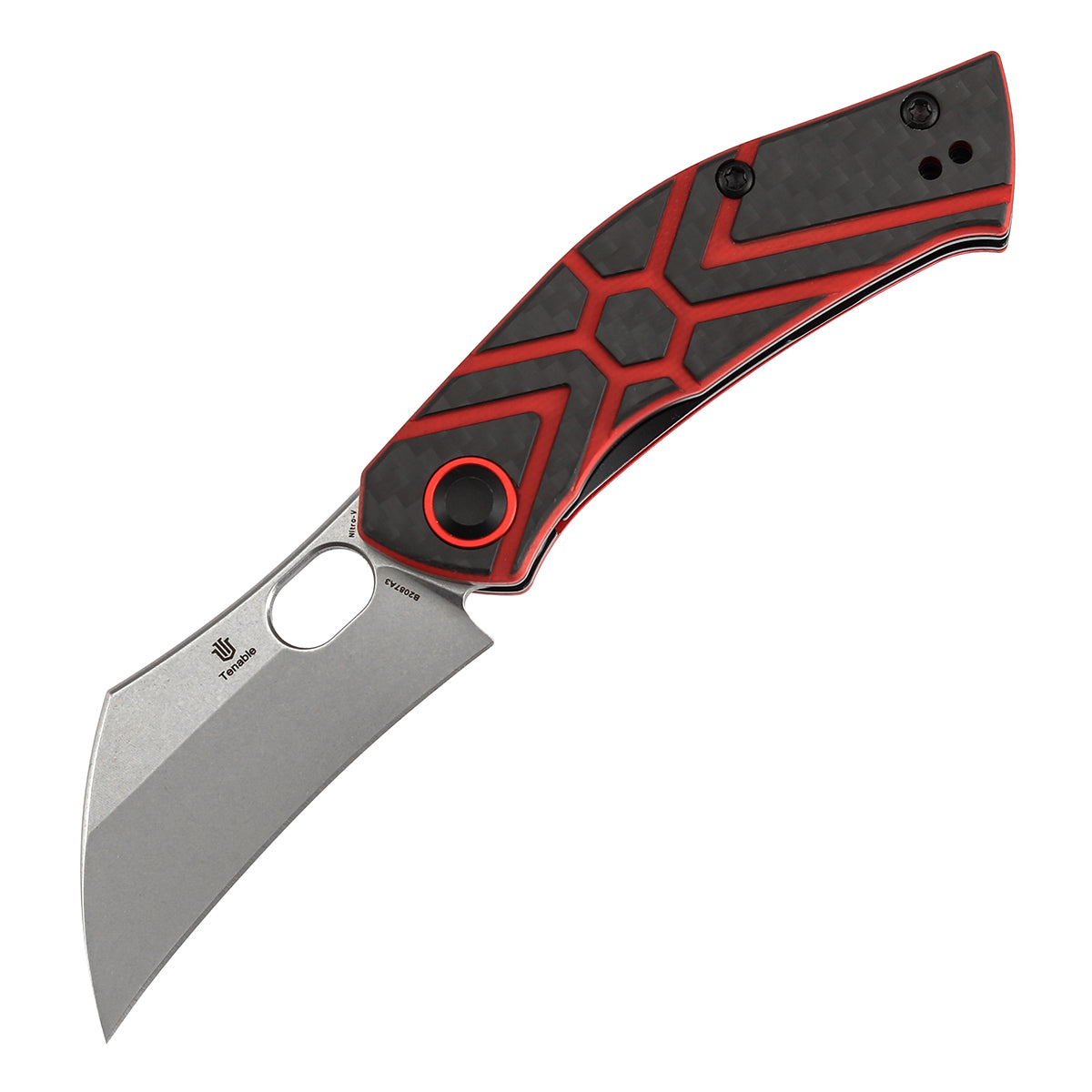 Pre-Order :Ships by Aug. 10 | Tenable Osprey Folding Knife | 2.22" Stonewashed Nitro-V | Twill Carbon Fiber & Red G10 Handle | Triple Stripe Knives Design - B2087A3