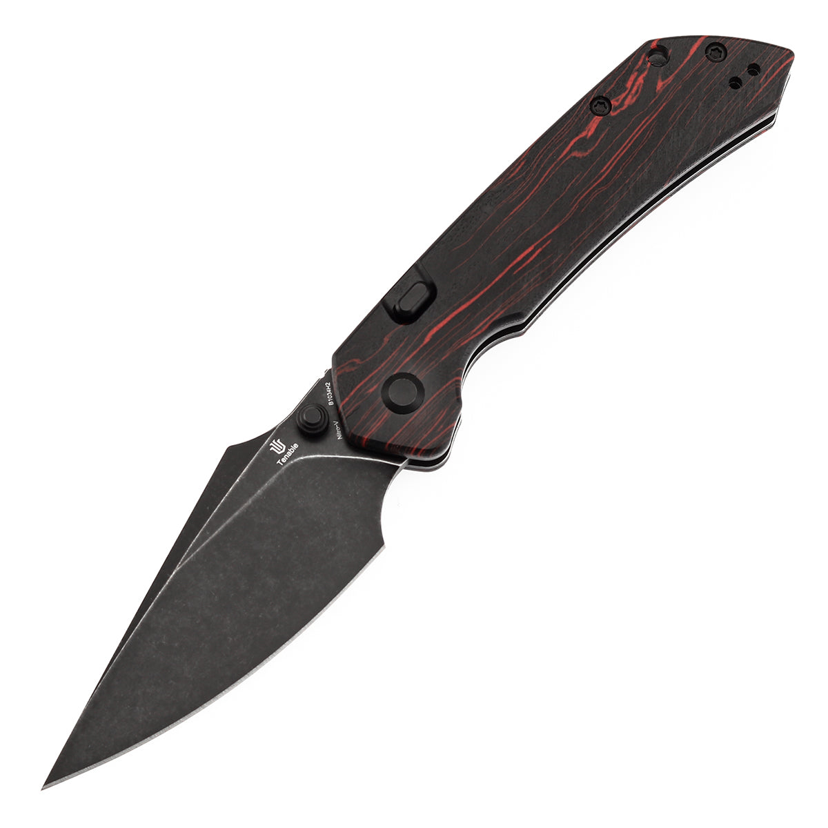 Tenable Fenrir Top Liner Lock Folding Knife| Black & Red G-mascus Handle | 3.48“ Blackwashed Nitro-V Blade | Sparrow Knife Design | B1034H2