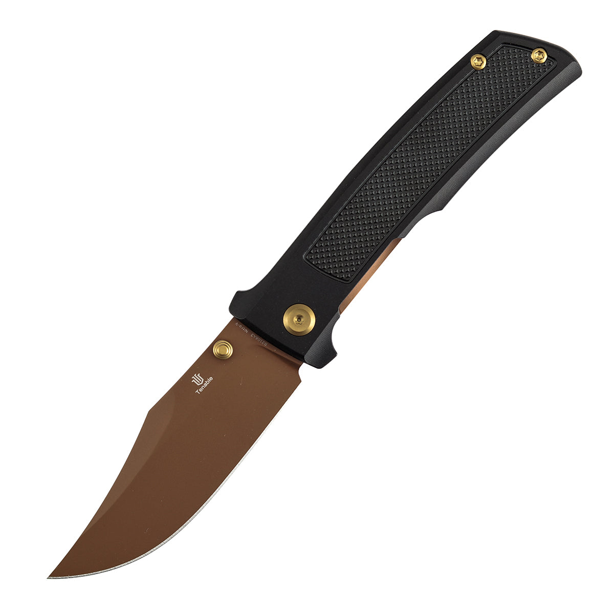Tenable Bison Folding Knife | 3.24'' Rose Gold Nitro V Blade | Black Aluminum with Frag Pattern Handle | Ray Laconico Knives Design | B2108A3