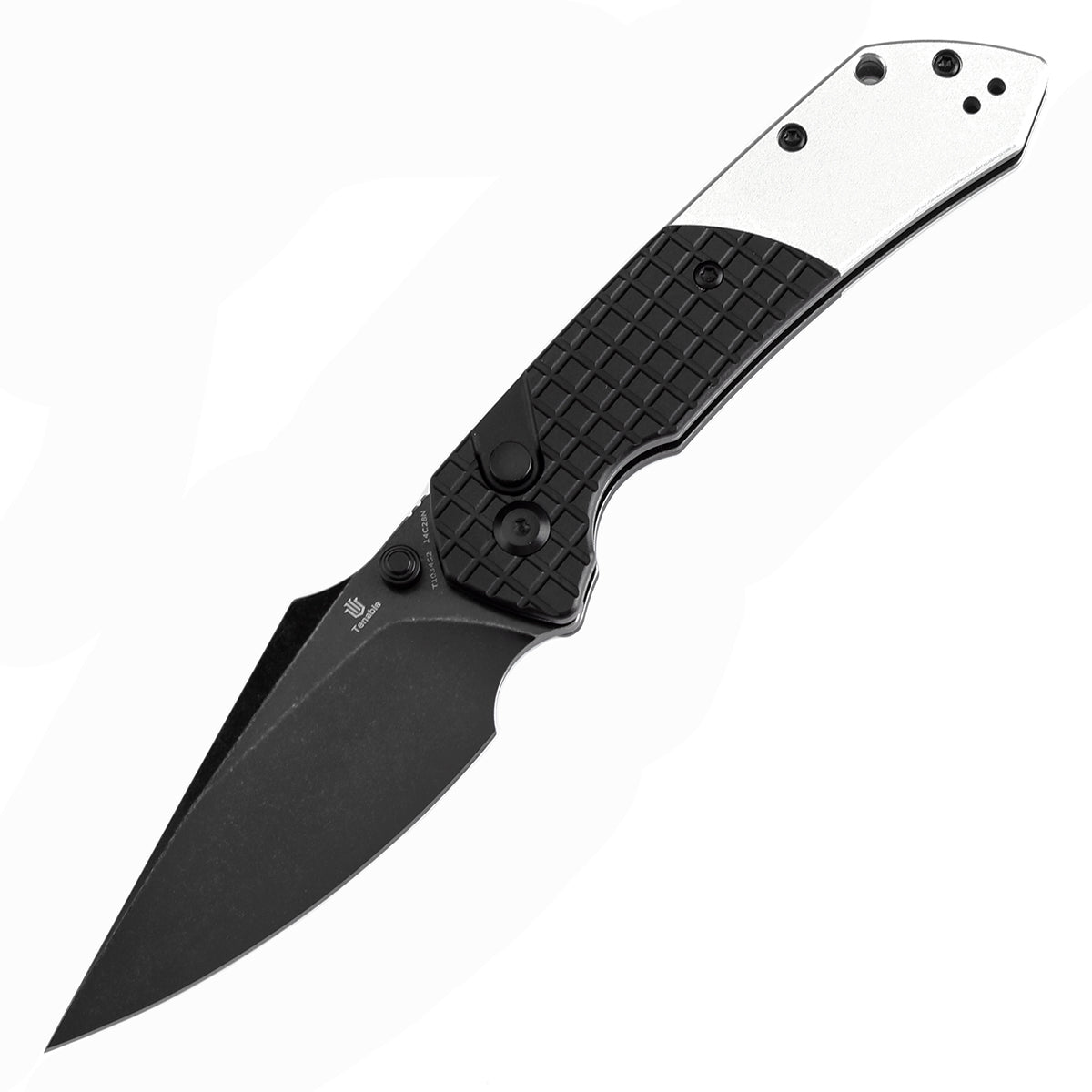 Tenable Button Lock Fenrir Folding Knife Black Frag Pattern & Plain Aluminum Handle (3.45" Blackwash 14C28N Blade) Sparrow Knife Design--T1034S2