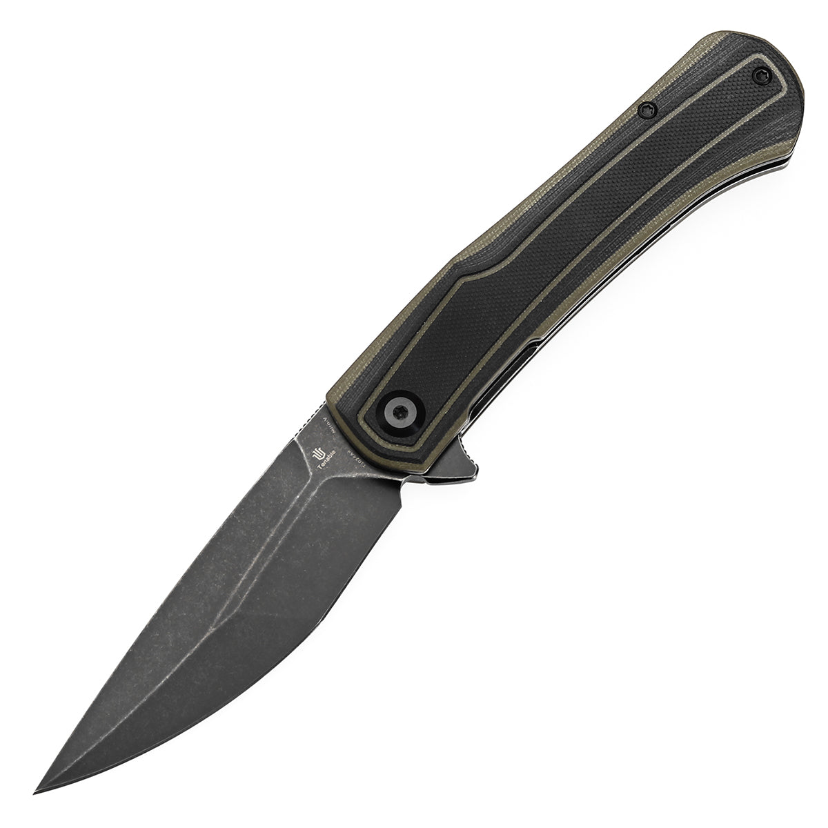 Tenable Kratos Folding Knife Black and Green G10 Handle(3.79" Blackwash Nitro-V Blade) Ostap Hel Design-T1024A4