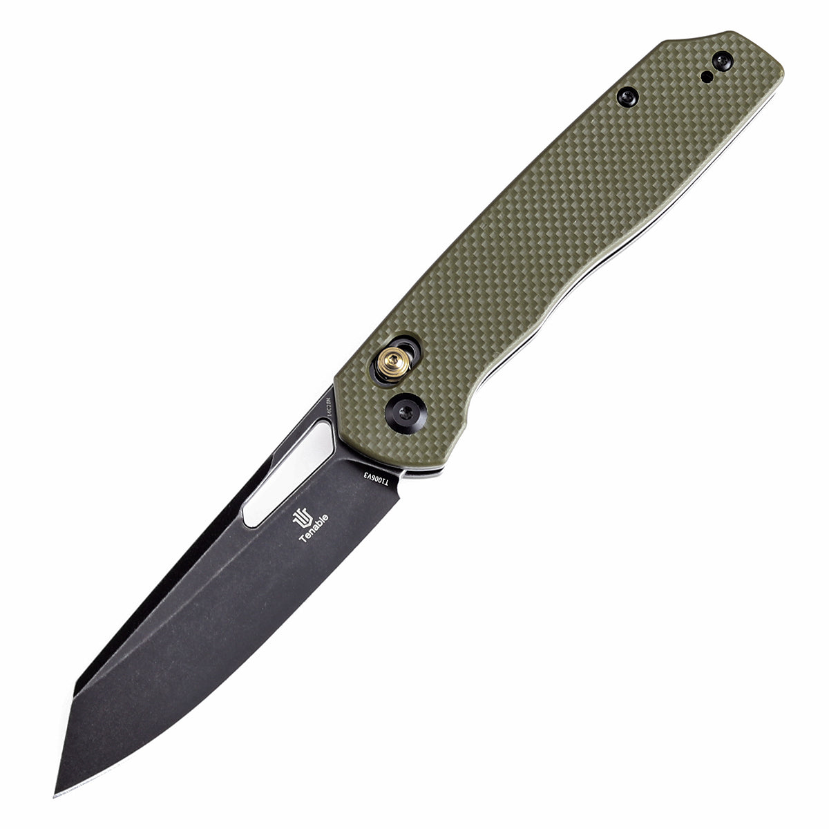 Tenable Shard Cross Bar Lock Olive Green G10 Handle (3.47'' Blackwash 14C28N Blade) Kim Ning Design-T1006V3
