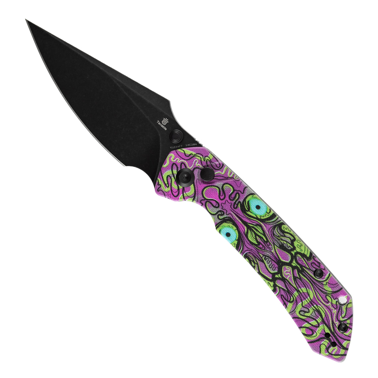 Fenrir Button Lock Knife | Jade G10 with Purple Undead Print Handle | 3.45" Blackwash 14C28N Blade| Sparrow Knife Design | T1034F7