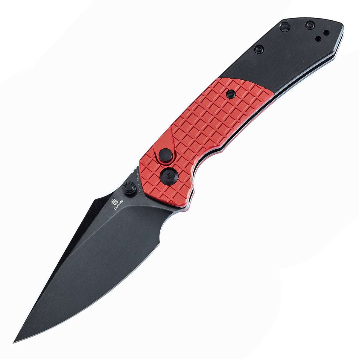 Tenable Button Lock Fenrir Folding Knife-Best Gift for Christmas Dark Red Aluminum with Frag Pattern & Black Handle (3.45" Blackwash 14C28N Blade) Sparrow Knife Design--T1034S3