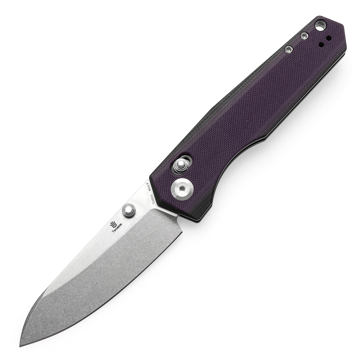 Tenable Beaver Cross Bar Lock Folding Knife Purple and Black G10 Handle (3.44'' Stonewashed Nitro-V Blade) Kim Ning Design-T1105V1