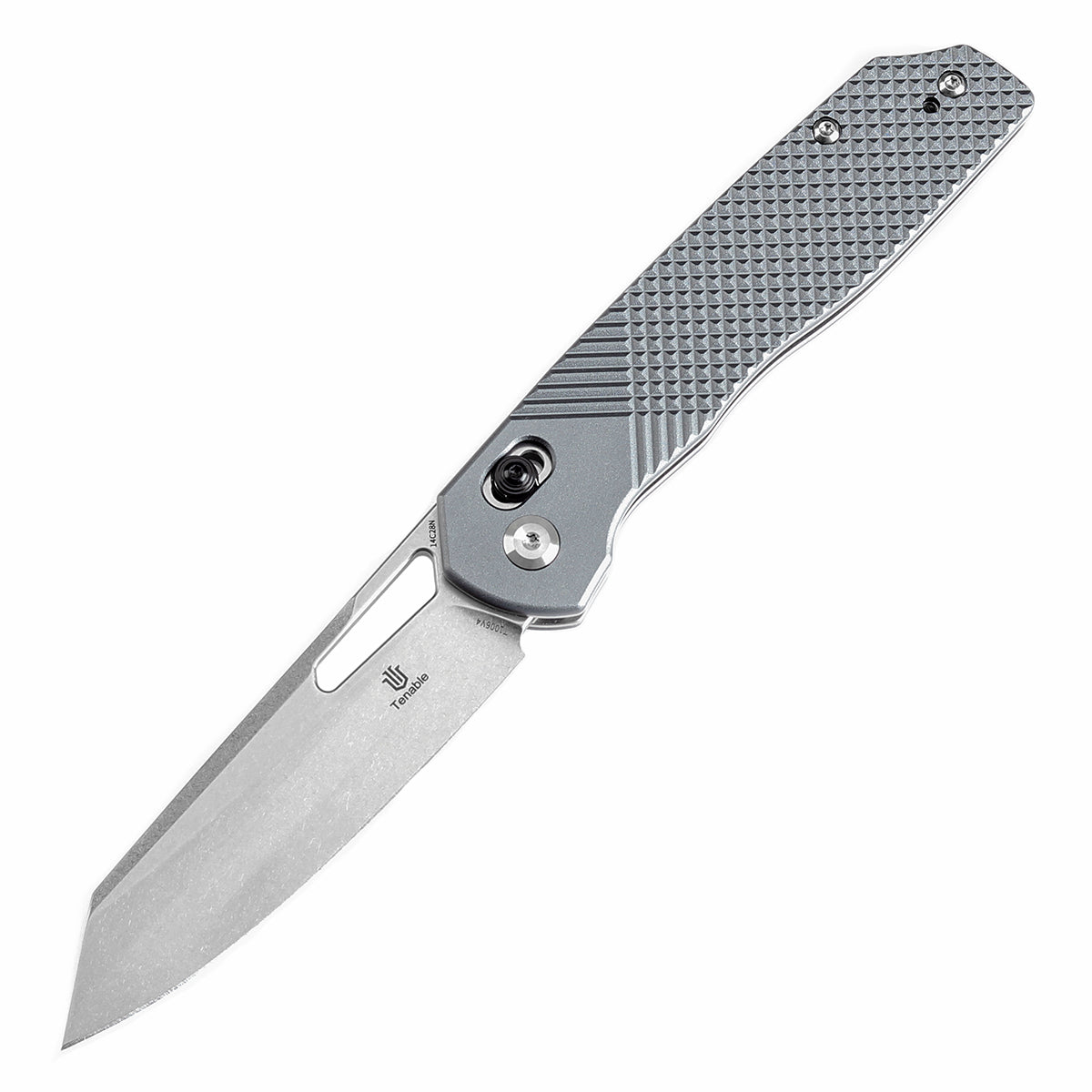 Tenable Shard Cross Bar Lock Gray Aluminum with diamond pattern Handle (3.47'' Stonewashed 14C28N Blade) Kim Ning Design-T1006V4