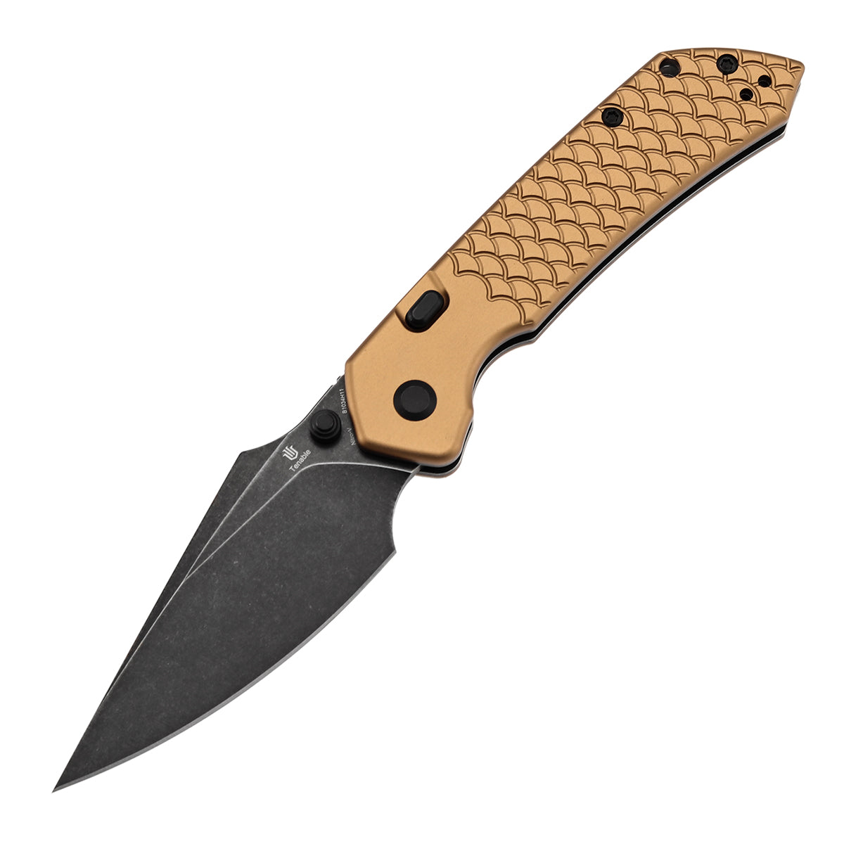 Tenable Fenrir Top Liner Lock Folding Knife|  3.4“ Blackwashed Nitro-V Blade | Bronze Aluminum with Fishscale Texture Handle | Sparrow Knife Design | B1034H11