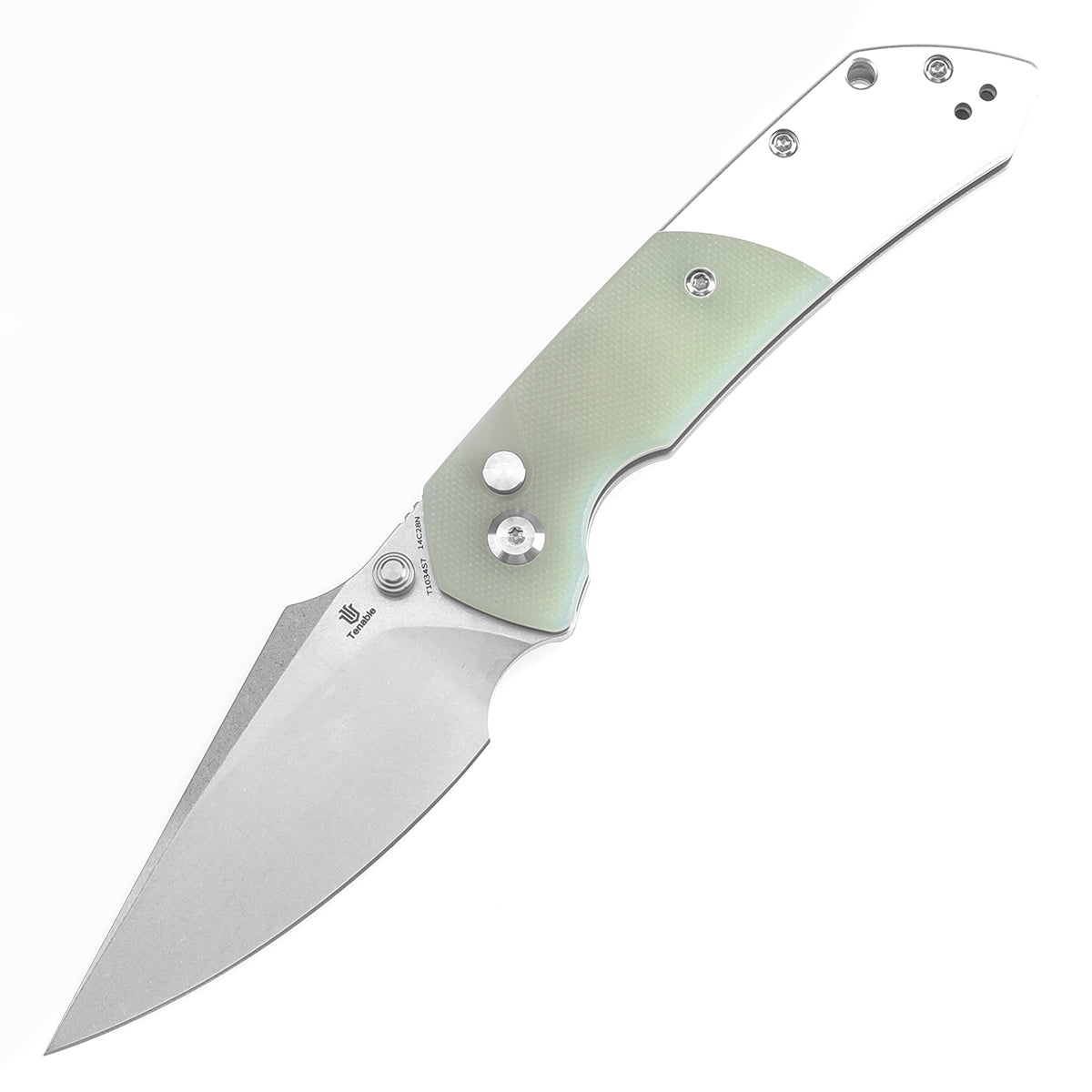 Tenable Button Lock Fenrir Folding Knife Jade G10 & Plain Aluminum Handle (3.45" Stonewashed 14C28N Blade) Sparrow Knife Design--T1034S7