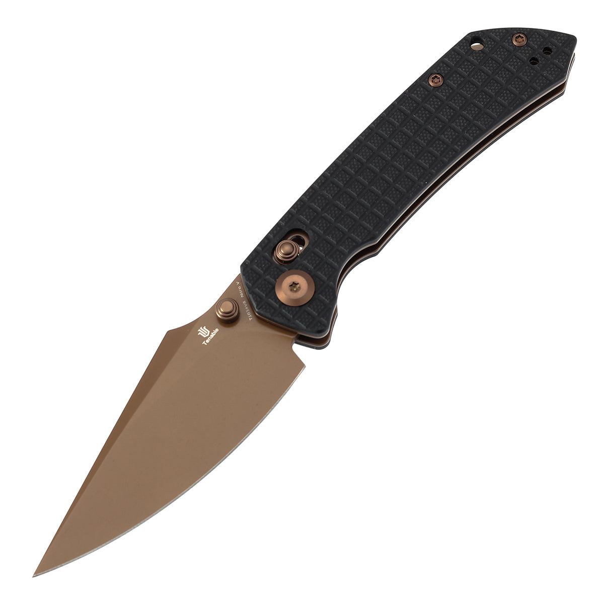 Tenable Fenrir Cross Bar Lock Folding Knife| Black G10 with Frag Pattern| 3.48" Rose Gold Coated Nitro-V Blade | Sparrow Knife Design | T1034V8