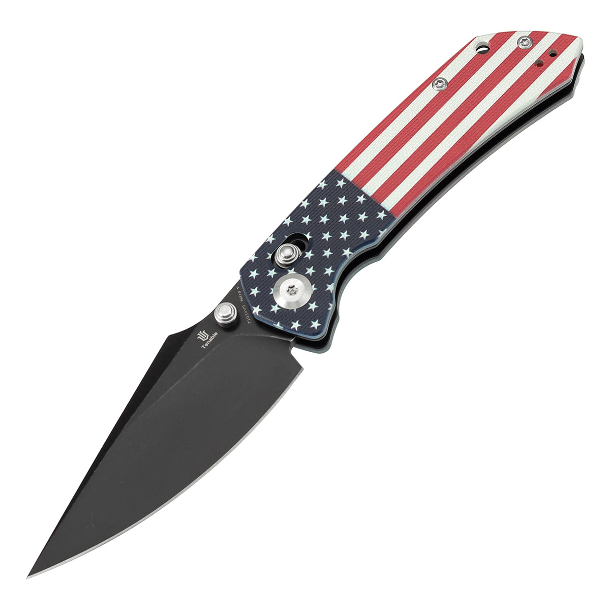 Tenable Fenrir Cross Bar Lock | Jade G10 with American Flag Handle | 3.48" Blackwashed Nitro-V Blade | Sparrow Knife Design | T1034V9