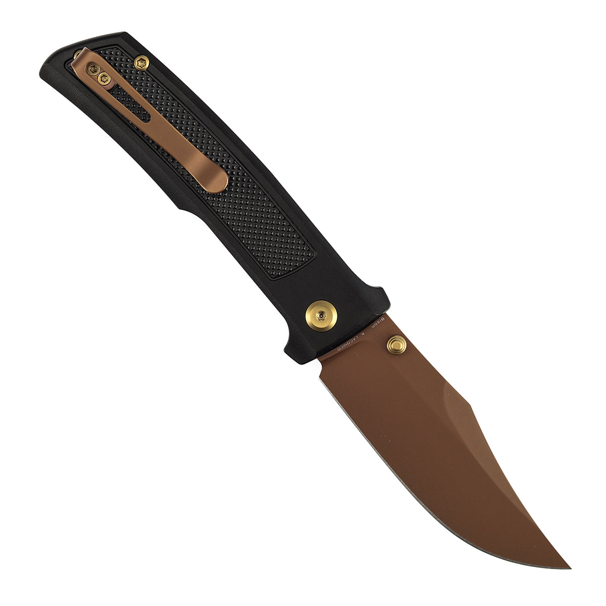 Tenable Bison Folding Knife | 3.24'' Rose Gold Nitro V Blade | Black Aluminum with Frag Pattern Handle | Ray Laconico Knives Design | B2108A3