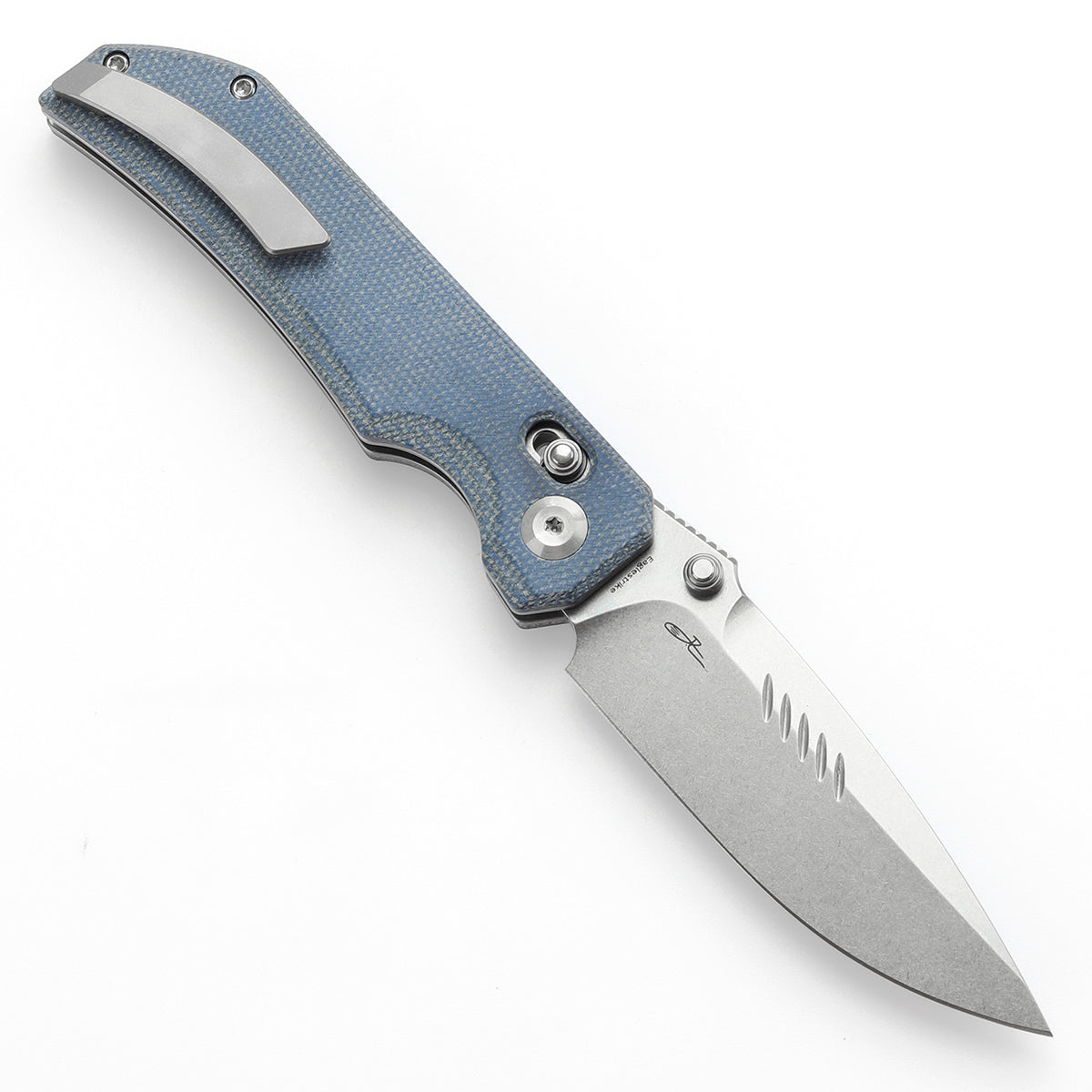 Tenable Eaglestrike Cross Bar Lock Folding Knife Blue Micarta Handle (3.73'' Stonewashed Nitro-V Blade) James Lowe Design-T1095V2